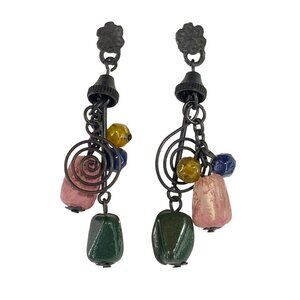 Vintage Natural Stone Dangle Earrings With Multicolor Beads & Spiral Design